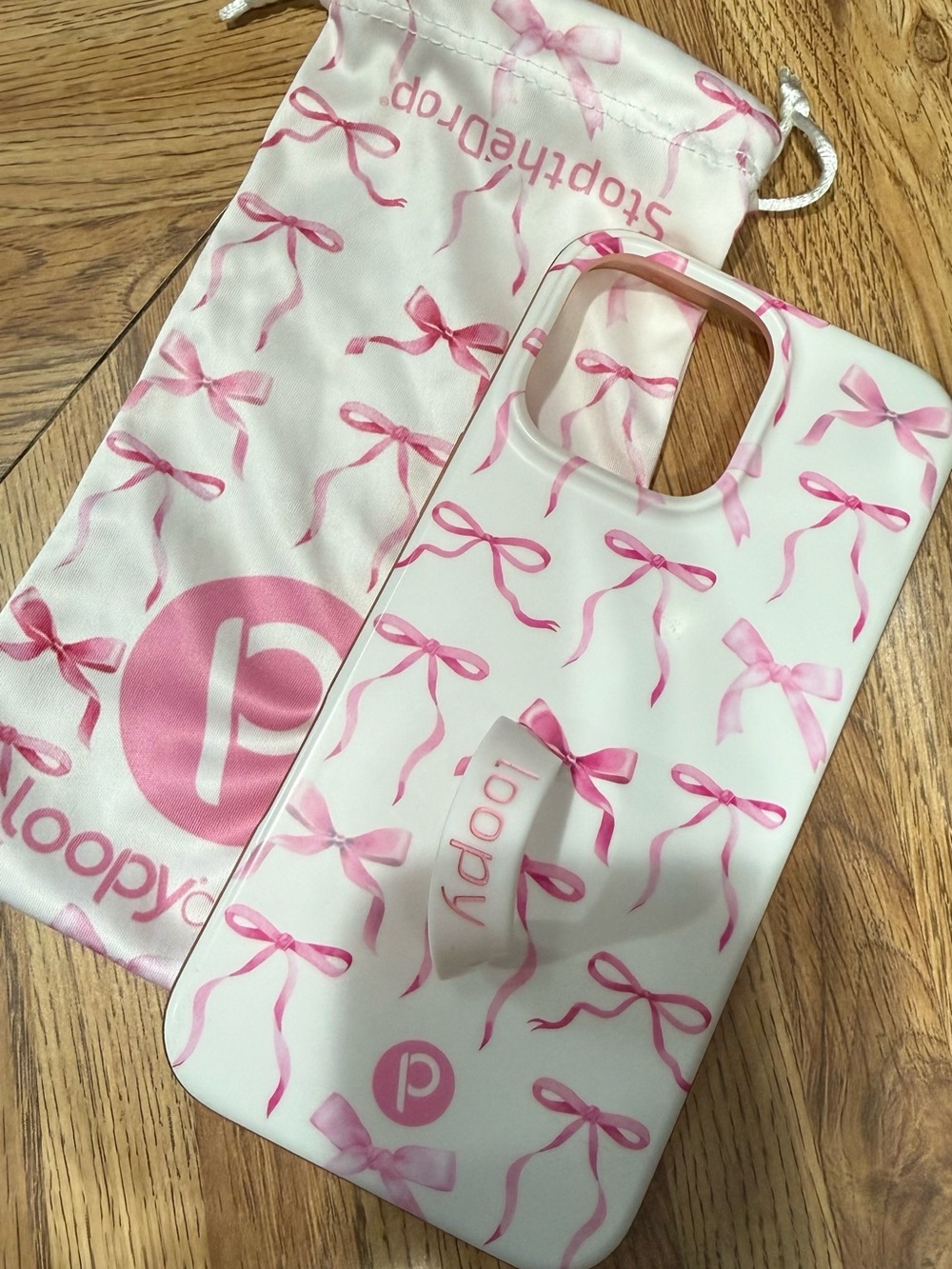 iPhone 16 PRO MAX- Loopy Case White Phone Case with Pink Bow Print and Hand Stra